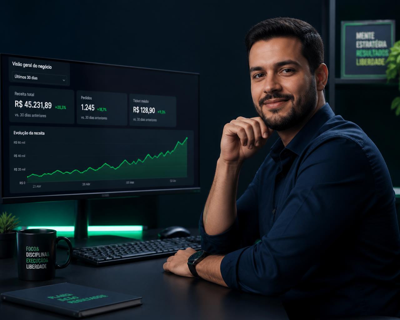 Seller do Mercado Livre analisando gráficos de faturamento e lucro no computador